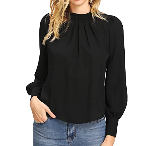 Ausla Damen-Chiffon-Bluse mit Stehkragen, Langarm, Elegantes, Lockeres Hemd, Plissiertes Oberteil, Damen, Einfarbig, Maschinenwaschbar(S-Schwarz) von Ausla