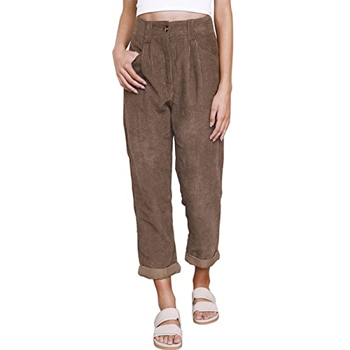 Ausla Damen Cordhose Hoch Taillierte Freizeithose mit Geradem Bein und Seitentaschen(S-Braun) von Ausla