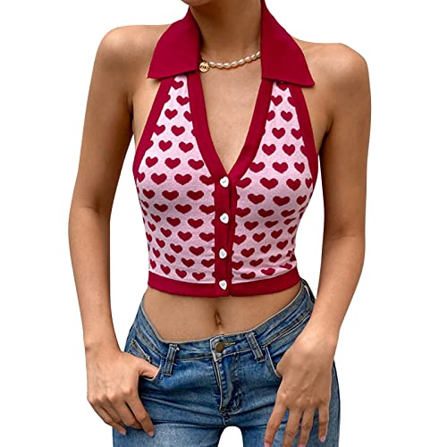 Ausla Damen Crop Tops Neckholder Ärmelloses Herz Gedruckt Tank Top Sommershirt (M) von Ausla