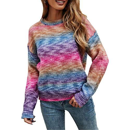 Ausla Damen Feinstrick Bunter Regenbogen Pullover, Lässig Rundhals Langarm Herbst Winter Pullover Pullover(M-Rosenrot) von Ausla