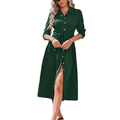 Ausla Damen Hemdkleid Elegant Einreiher Blusenkleid Langarm Lange Freizeitkleid Tunika Longshirt Umlegekragen(L-Atroviren) von Ausla