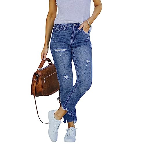 Ausla Damen-Jeans mit Mittlerer Taille, Geradem Bein, Zerrissen, Zerstörter, Roher Saum, Jeans mit Zerrissenen Löchern, Lässige Denim-Hose (S) von Ausla