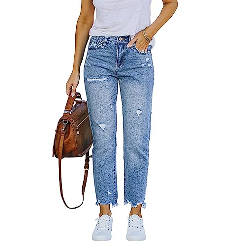 Ausla Damen-Jeans mit Mittlerer Taille, Geradem Bein, Zerrissen, Zerstörter, Roher Saum, Jeans mit Zerrissenen Löchern, Lässige Denim-Hose (S) von Ausla