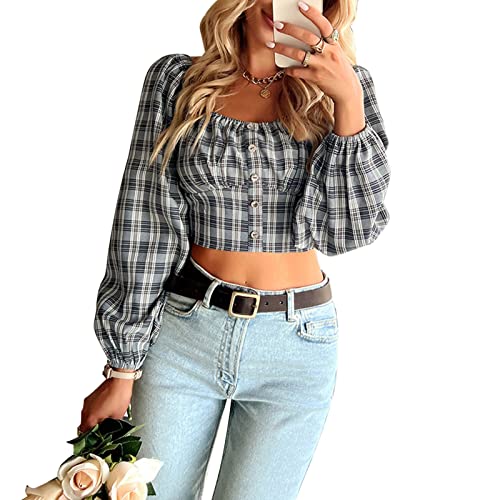 Ausla Damen Kariertes Crop Top, Kariertes Hemd Crop Bluse Lässige Karierte Bluse, Puff Elastische Bündchen Französischer Quadratischer Kragen Langarmshirts für Den Alltag(L-Grau) von Ausla