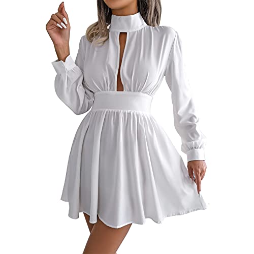 Ausla Damen Kleid Elegant Mini Kleider Langen Ärmeln Blusekleid Herbst Tunika Kleider Strandkleid (M-Weiß) von Ausla