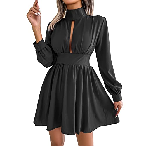 Ausla Damen Kleid Elegant Mini Kleider Langen Ärmeln Blusekleid Herbst Tunika Kleider Strandkleid (XL-Schwarz) von Ausla