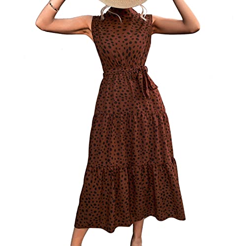 Ausla Damen Kleid Sommer Hohe Taille Stehkragen Schickes, Lässiges Kleid ärmelloses Polka Dot Midi-Länge Partykleid mit Gürtel(M-Kaffee) von Ausla