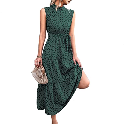 Ausla Damen Kleid Sommer Hohe Taille Stehkragen Schickes, Lässiges Kleid ärmelloses Polka Dot Midi-Länge Partykleid mit Gürtel, Kragenweite 4,5 cm(M-grün) von Ausla