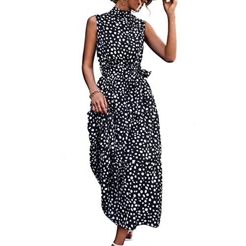 Ausla Damen Kleid Sommer Hohe Taille Stehkragen Schickes, Lässiges Kleid ärmelloses Polka Dot Midi-Länge Partykleid mit Gürtel(XL-Schwarz) von Ausla