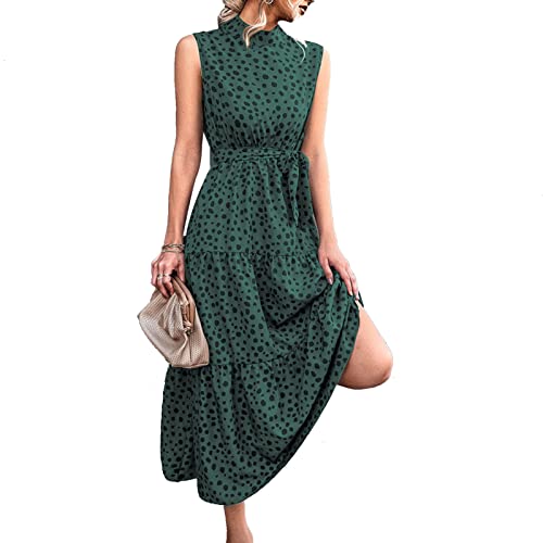 Ausla Damen Kleid Sommer Hohe Taille Stehkragen Schickes, Lässiges Kleid ärmelloses Polka Dot Midi-Länge Partykleid mit Gürtel, Kragenweite 4,5 cm(S-grün) von Ausla