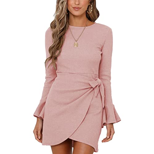 Ausla Damen Langarm Kleid Rundhals Hohe Taille mit Gürtel Polyesterfaser Kleid Bequeme Elegante Reine Farbe(S-Rosa) von Ausla