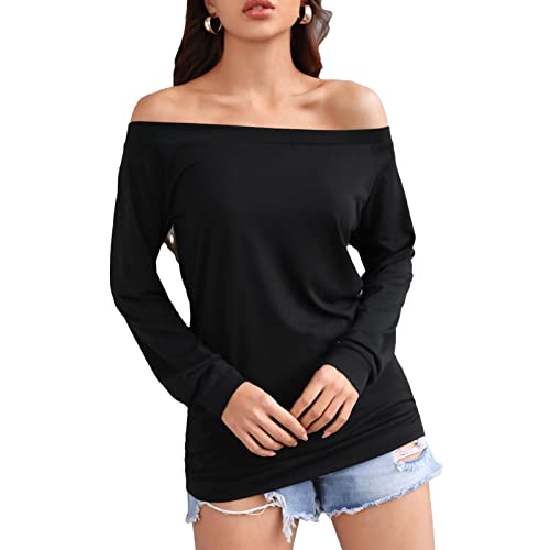 Ausla Damen Langarm Sexy Schulterfrei Jumper Lose Sweatshirt Pullover Oberteil Tops(S-Schwarz) von Ausla