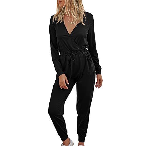 Ausla Damen Langarmshirt Jumpsuit Kreuzausschnitt Overall Hosenanzug Playsuit mit Kordelzug Romper(L-Schwarz) von Ausla