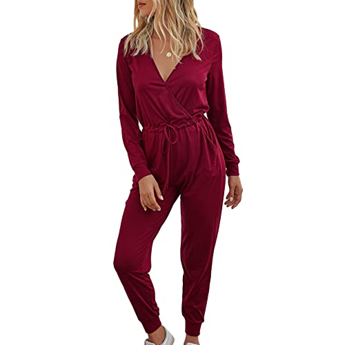 Ausla Damen Langarmshirt Jumpsuit Kreuzausschnitt Overall Hosenanzug Playsuit mit Kordelzug Romper(S-Weinrot) von Ausla