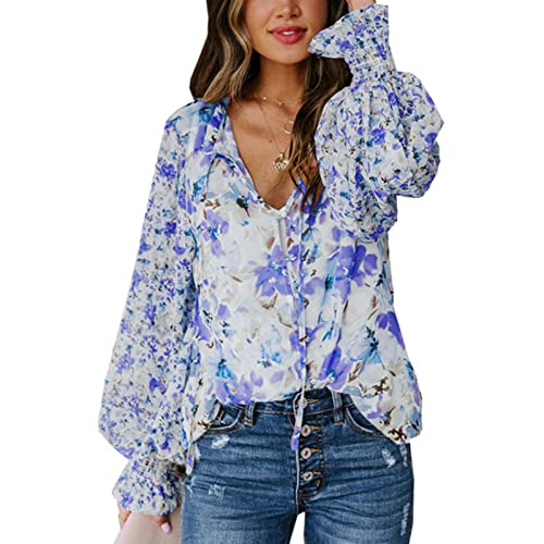 Ausla Damen Lange Laternen ärmel Bluse Kordel Zug V-Ausschnitt Knopf Oben Locker Fit Blumen Hemd (M) von Ausla