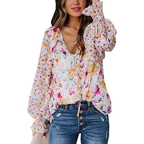 Ausla Damen Lange Laternen ärmel Bluse Kordel Zug V-Ausschnitt Knopf Oben Locker Fit Blumen Hemd (M) von Ausla