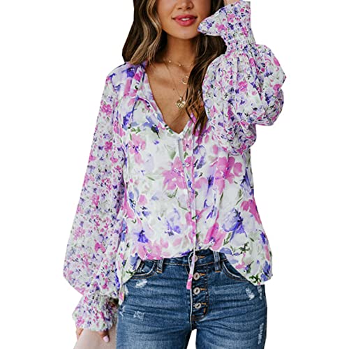 Ausla Damen Lange Laternen ärmel Bluse Kordel Zug V-Ausschnitt Knopf Oben Locker Fit Blumen Hemd (XXL) von Ausla