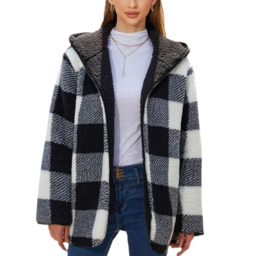 Ausla Damen Mantel Karierter Kapuzenjacke Doppelseitig Winterjacke Fleece Jacken Kapuzenpullover Herbst Winter Warm Oberteil (XL) von Ausla