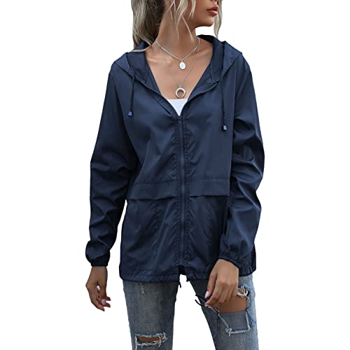 Ausla Damen-Regenmantel mit Kapuze und Reißverschluss, Leichte Winddichte Regenmantel-Outdoor-Jacke für Reisen und Camping(L-Dunkelblau) von Ausla