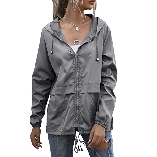 Ausla Damen-Regenmantel mit Kapuze und Reißverschluss, Leichte Winddichte Regenmantel-Outdoor-Jacke für Reisen und Camping(XL-Dunkelgrau) von Ausla