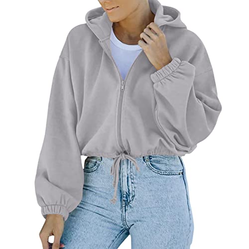 Ausla Damen-Reißverschluss-Hoodie, Lässig, mit Kordelzug, Reißverschluss, Kapuzen-Sweatshirt, Crop-Tops(L-grau) von Ausla