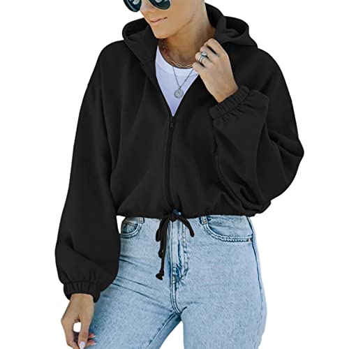 Ausla Damen-Reißverschluss-Hoodie, Lässig, mit Kordelzug, Reißverschluss, Kapuzen-Sweatshirt, Crop-Tops(M-Schwarz) von Ausla