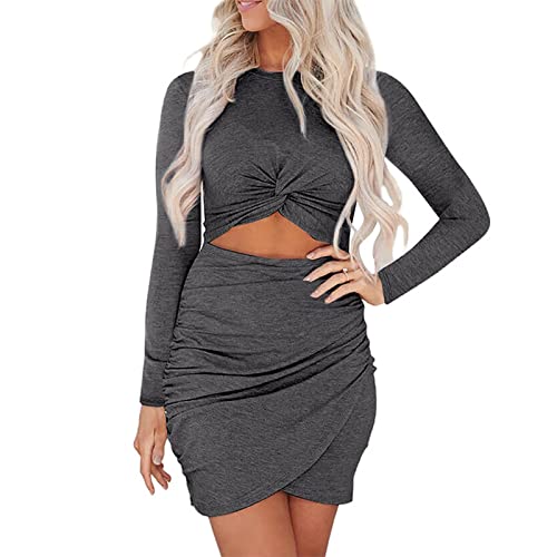 Ausla Damen Rundhals Bodycon Wickelkleid Lässig Partykleid Langarm Cut Out Taille Minikleid Einfarbig Figurbetontes Stretchy Enge Bleistiftkleid(m-Grau) von Ausla