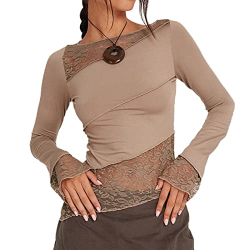 Ausla Damen Rundhals Enge Sexy Oberteil Elegant Spitze Spleißen Langarm Slim Fit Bluse Sommer Basic Lässig Tops (M) von Ausla