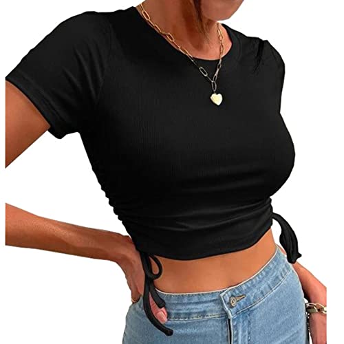 Ausla Damen Rundhals Kurzarm Slim Fit Cropped Tops Sommer Seitlicher Kordelzug Enger Oberteil (M) von Ausla