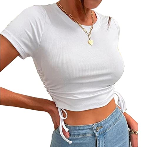 Ausla Damen Rundhals Kurzarm Slim Fit Cropped Tops Sommer Seitlicher Kordelzug Enger Oberteil (M) von Ausla