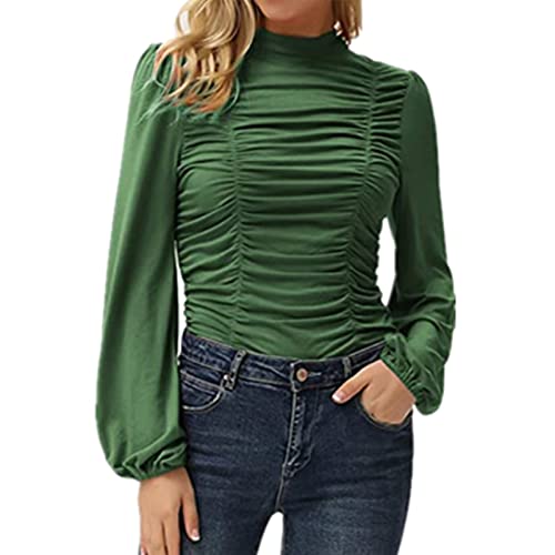 Ausla Damen Schicke Puffärmel Geraffte Frontbluse, Kausaler Stehkragen Langarm Slim Fit Tops Alltagskleidung für Den Herbst(S-OD-Grün) von Ausla