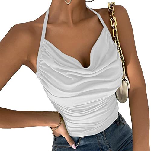 Ausla Damen Sexy Spaghettiträger Rückenfrei Top Plissee Y2K Neckholder V Camisole Mode Kurzes Sommer Oberteil (L) von Ausla