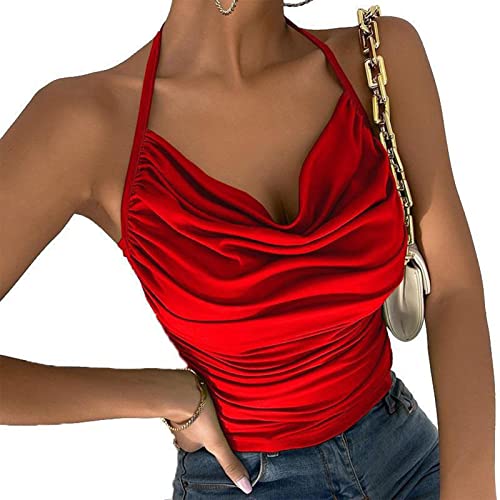 Ausla Damen Sexy Spaghettiträger Rückenfrei Top Plissee Y2K Neckholder V Camisole Mode Kurzes Sommer Oberteil (M) von Ausla