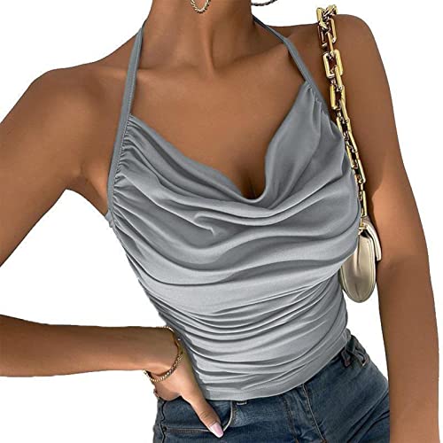 Ausla Damen Sexy Spaghettiträger Rückenfrei Top Plissee Y2K Neckholder V Camisole Mode Kurzes Sommer Oberteil (S) von Ausla