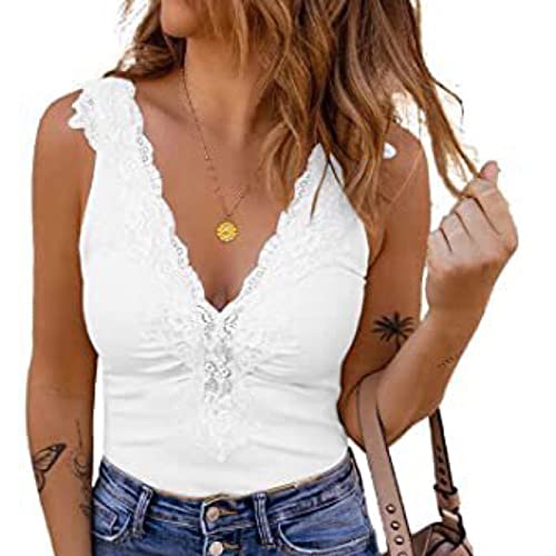 Ausla Damen Sommer Tank Top Spitze Patchwork Tief V Lässige Camisole Ärmellose Bluse Schulterfrei Weste Unterhemden(2XL-Wei?) von Ausla