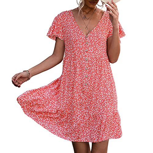 Ausla Damen Sommerkleid Lang Lässig Casual Blumendruck V-Ausschnitt Flutter Kurzarm Frontknopf Rüschensaum Tea Party Kleid(M-Orange Rot) von Ausla