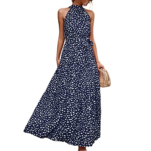 Ausla Damen Sommerkleider Boho Kleid Neckholder Lang Ärmellos Neckholder Beach Party Kleid Sommer Sexy Kleid(XL-Königsblau) von Ausla