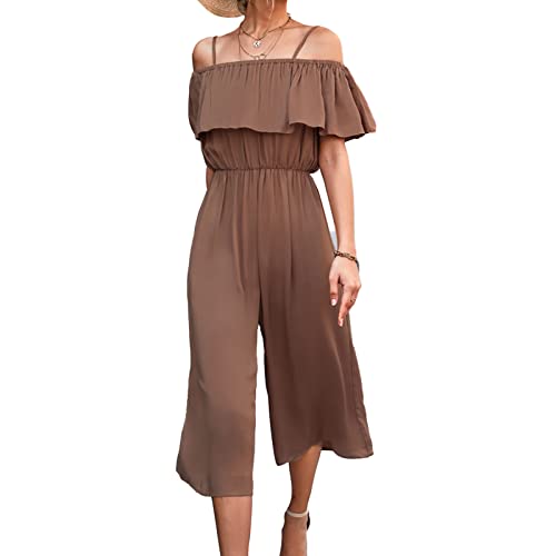 Ausla Damen Spaghettitr?ger Jumpsuit Lang Strampler Elegant Tunika Plissee Overall Schulterfrei Weites Bein Hosenanzug Party Playsuit(S-Braun) von Ausla