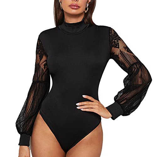 Ausla Damen Spitzennähte Body Hoher Kragen Sexy Langarm Jumpsuit Bodysuit Stringbody Unterziehbody Blusenbody (Schwarz) von Ausla