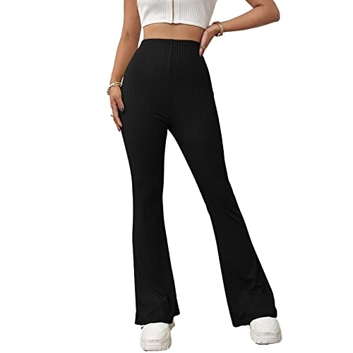 Ausla Damen Strick Hohe Taille Hose Elastische Bund Rippstrick Schlaghose(L-Schwarz) von Ausla