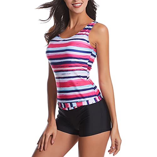 Ausla Damen Tankini Set Bademode Streifen Badeanzug Zweiteilige Beachwear mit Hotpants(m-Rosenrot) von Ausla