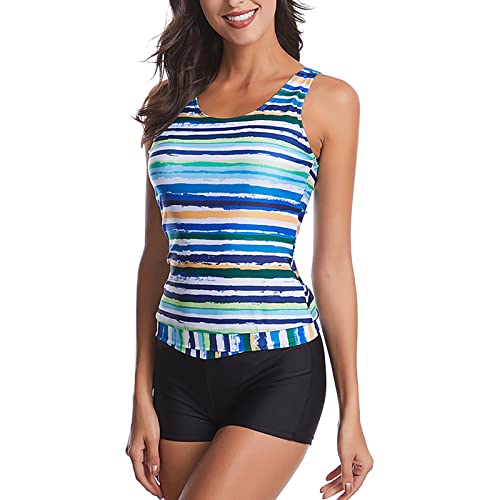 Ausla Damen Tankini Set Streifen Badeanzüge Bademode Zweiteilige Bauchweg mit Hotpants Sportliche Badebekleidung(XL-Grüner See) von Ausla