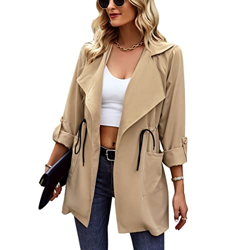 Ausla Damen Umlegekragen Trenchcoat Klassischer Reversmantel Kordelzug Mantel Female Strickjacke(L-Khaki) von Ausla