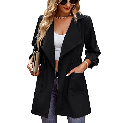 Ausla Damen Umlegekragen Trenchcoat Klassischer Reversmantel Kordelzug Mantel Female Strickjacke(XL-Schwarz) von Ausla