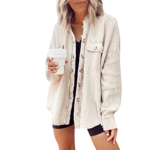 Ausla Damen Waffelstrickjacke Damen Hemd Elegant Hemdjacke Jacket Langarm Hemd Button Down Jacke (S-Aprikose) von Ausla