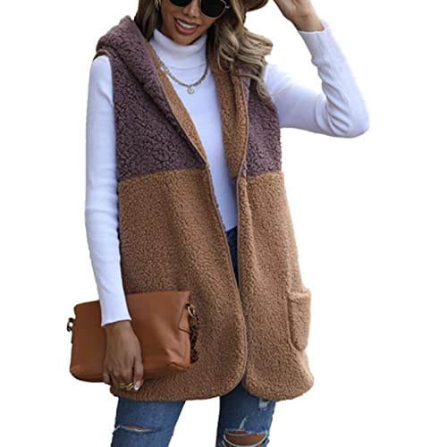 Ausla Damen Weste Outwear Doppeldecke Teddy Fleece Ärmellos Pelzjacke Lang Mantel Kapuzenjacke mit Tasche(XL-Kaffee lila Farbblock) von Ausla