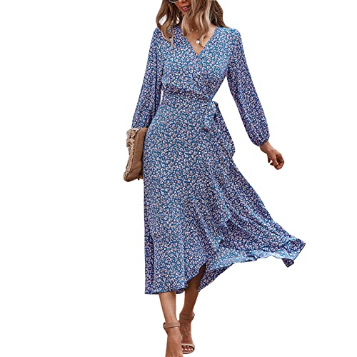 Ausla Damen Wickelkleider mit V-Ausschnitt, Rüschen, Blumenmuster und Bindegürtel, Sommer-Strand-Maxikleid(L-Blau) von Ausla