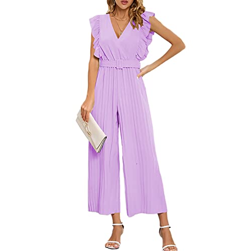 Ausla Eleganter ärmelloser Damen-Overall mit Tiefem V-Ausschnitt, Plissiertem, Geradem Bein, Party-Strampler mit Bund (M) von Ausla