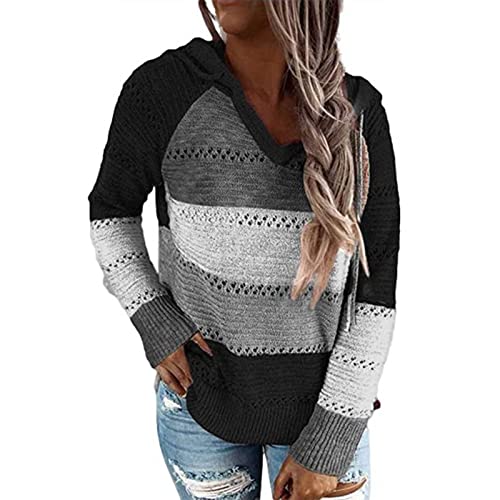 Ausla Farbblock-Strickpullover mit Kapuze Damen-Langarm-Lose, Hautfreundlicher Polyester-Faser-Pullover für Den Alltag(L-Schwarz) von Ausla