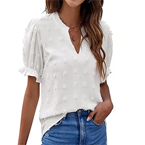 Ausla Frauen Chiffon-Hemden Sommer Freizeitblusen Kurzarm V-Ausschnitt Schweizer Polka Dot Bommelblusen(M-Weiß) von Ausla